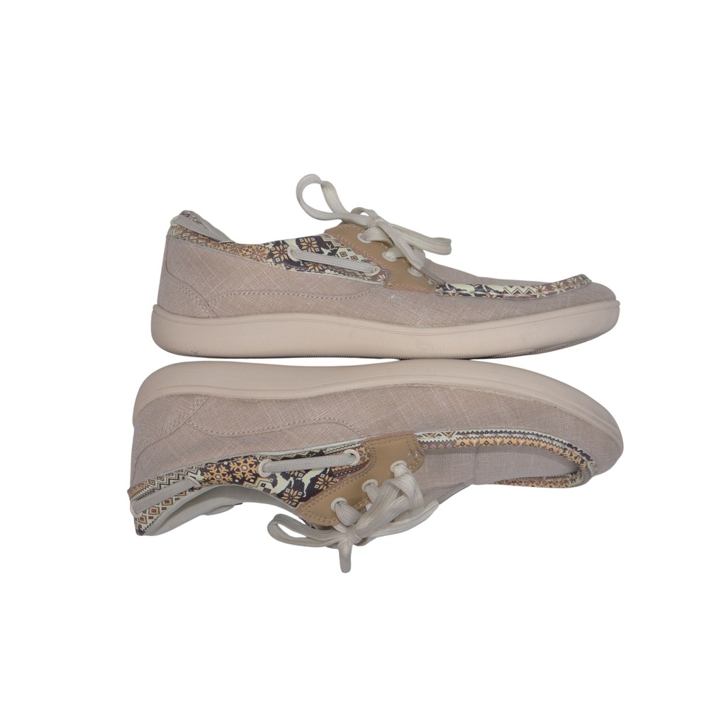 Womens Boat Shoes Tan Canvas Geometric Pattern Trim Moccasins 3771